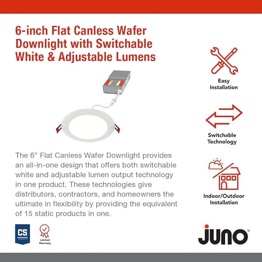 Juno WF6 ALO20 SWW5 90CRI MVOLT MW M6 Canless LED Wafer Downlight, Switchable White 2700K-5000K, Adjustable Lumens, Flat Trim, Matte White, 6-Inch