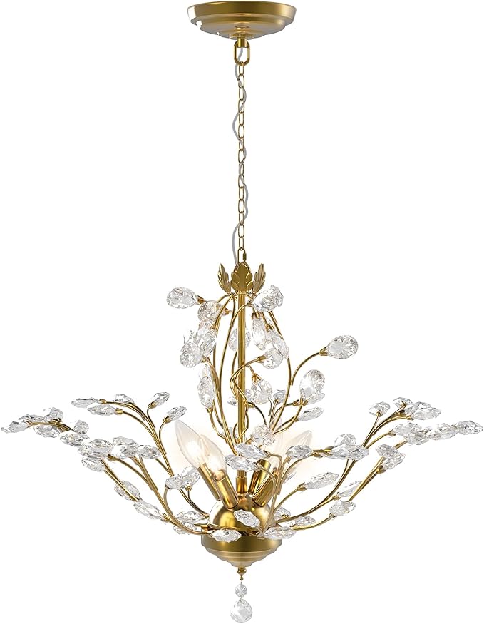 Maxax Gold Crystal Chandelier, 4-Light K9 Crystal Pendant Light, Adjustable Electroplated Ceiling Fixture for Dining Room, Living Room, Bedroom, and Foyer, 18.1" D x 58" H