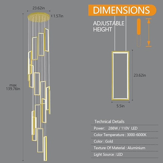 Modern Adjustable Height Pendant Light Fixture Gold 288W LED Pendant Lights 16 Rings Rectangular Chandelier Staircase Large Chandelier Lobby Living Room Foyer High Ceiling Chandeliers