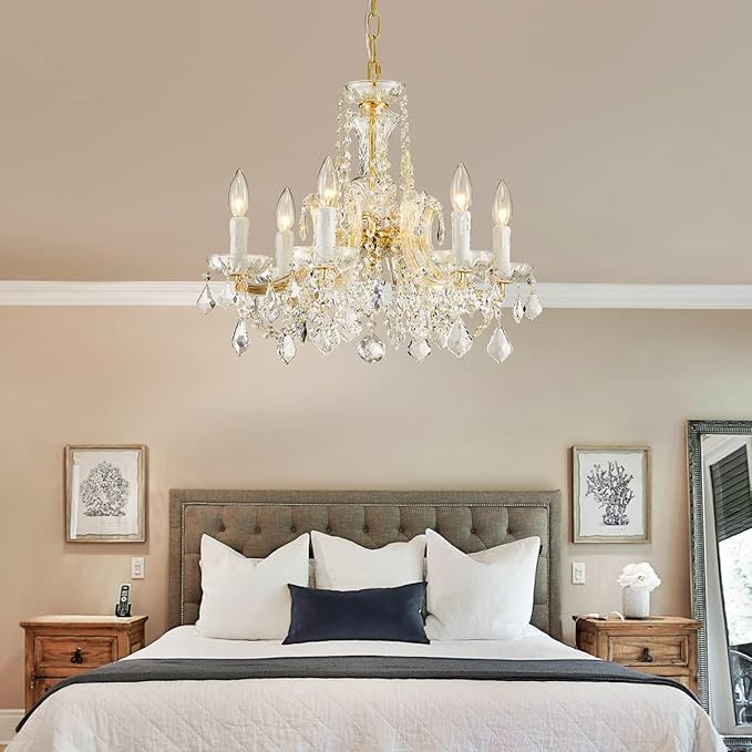 AGV LIGHTING Modern Chandelier Light Fixture, Crystal Pendant Raindrop Chandelier, Maria Theresa Brass Crystals Chandelier with 6-Lights, D20 X H18, Adjustable Chain Max 39"