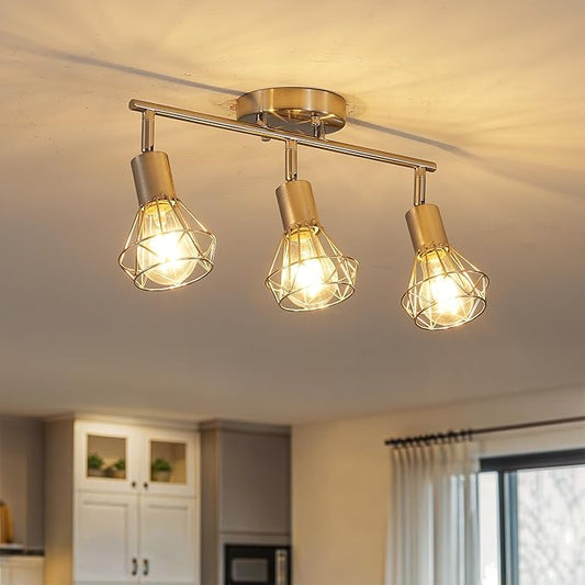 Brushed Nickel Track Lighting 3 Light Semi Flush Mount Ceiling Light Fixture Adjustable Flexibly Rotatable Farmhouse Dining Room Kitchen Light Fixtures with Metal Cage