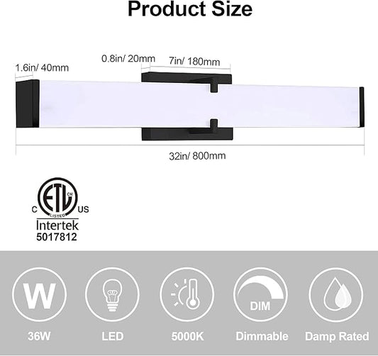 32 Inch LED Bathroom Vanity Light Cool White 5000K Black Modern Matte Bathroom Lighting Fixtures; Equivalent to Incandescent 300W for Over Mirror Vanity Light - ETL Certificated (1 Pack)