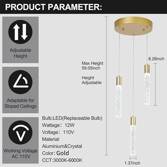 3 Light Pendant Lights Kitchen Island,Modern LED Bubble Crystal Pendants with Dimmable 3000K-6000K Ceiling Hanging Light Fixture for Dining Room Bedroom,Gold Finish,Adjustable Height 59"
