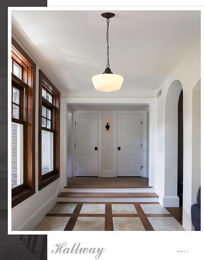Schoolhouse Pendant Fixture, 12 Inch Black Finish with Milk Glass Adjustable Mid Century Ceiling Pendant Lighting, Pendant Light Fixtures for Kitchen Hallway Entrywa Dining Room