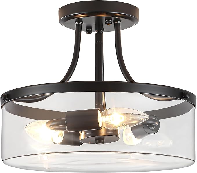 11.81" Black Semi Flush Mount Ceiling Light Modern Glass Light Fixture Industrial Hallway Lights 3-Light Close to Ceiling Light Fixtures for Entryway Bedroom Kitchen Dining Room Laundry Room Lighting