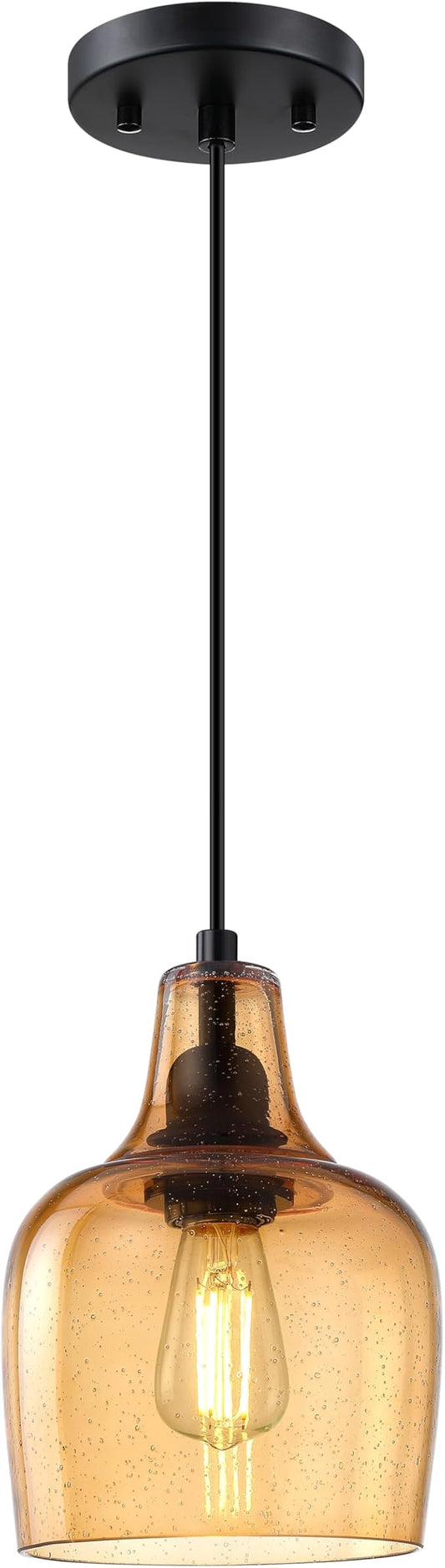 2 Pack 1 Light Indoor Hanging Kitchen Island Pendant Ceiling Light 6.1" Gold Glass Fixture,Black Finish for Farmhouse Over Sink Bedroom Hallway
