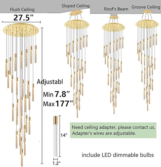 HAIXIANG 14.7 Foot High Ceiling Chandelier for Entryway Modern Crystal Lights for Living Room Foyer Flush Mount Sloping Ceiling Pendant Light Fixture Remote Dimmable 28-Lights Gold