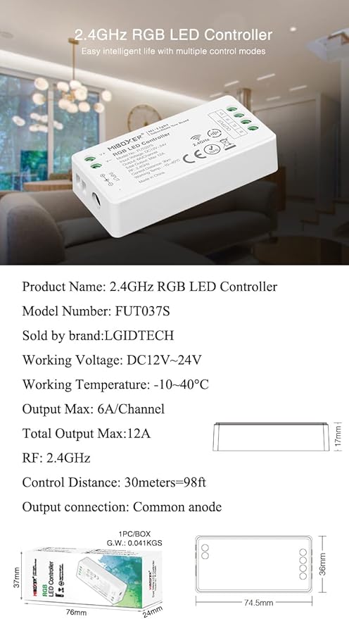 LGIDTECH FUT037S RGB Color LED Strip Light Controller,Input DC 12-24V,Output Max 12A