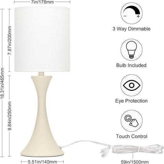 Seaside village Dimmable Bedside Lamp, 3 Way Touch Control Table Lamp, Modern Nightstand Lamp with Beige Shade and Cream Base, Small Desk Lamp for Living Room, Dorm, Home Office, 9W LED Bulb Included