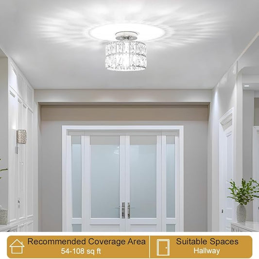 Lxybcce Crystal Ceiling Light Fixture, Modern Chrome Crystal Chandelier, Small Semi Flush Mount Ceiling Lighting, Round Hallway Lighting for Kitchen Entryway Bedroom Bathroom, 1-Light, 8.8 Inch