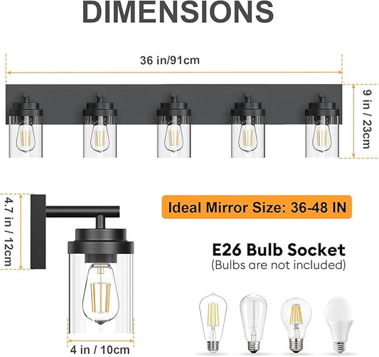 IZORRO Bathroom Vanity Light Fixture, 5-Light 36 Inch Matte Black Bathroom Light Fixtures Over Mirror, with Clear Glass Shade, Modern Farmhouse Vanity Lights, Rustic Restroom Lighting Fixtures