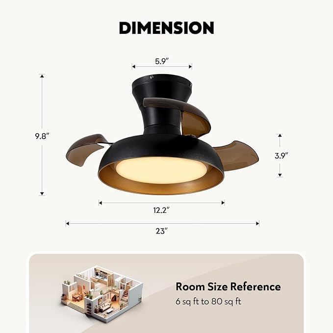 23 Inch Black and Gold Ceiling Fan with Light and Brown Retractable Blades Small Led Light Fixture Ceiling Modern Fandelier Fan Lights Cei ling Fixtures for Bedroom Dining Room Kitchen