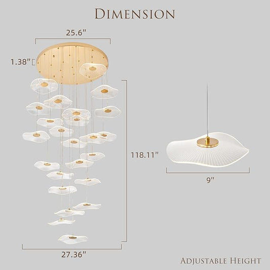 High Ceiling Chandeliers - 24-Light Luxury Gold Spiral Lotus Chandelier Modern Minimalist Dimmable Design for Grand Entrance, Staircase, Villa Dining Room