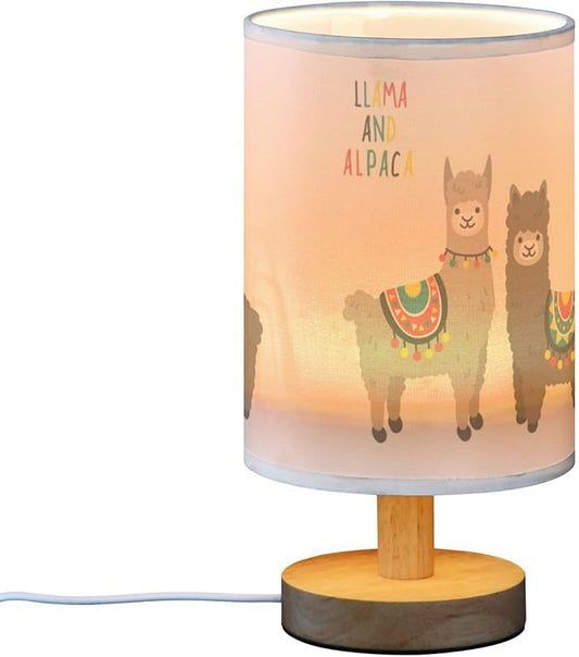 Cute Llama Alpaca Funny Smile Animal Table Lamp with Wood Base Fabric Lamp Shade Bedside Nightstand Desk Lamp for Living Room Bedroom Kids Room Office