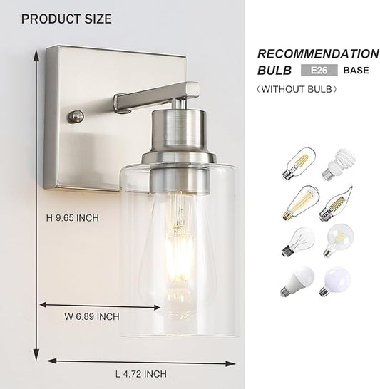 Modern Wall sconces Set of 2,Bathroom Vanity Light fixtures, Brushed Nickel Wall Light with Glass Shade, Farmhouse Wall sconces for Mirror,Bedroom,Living Room,1-Lights