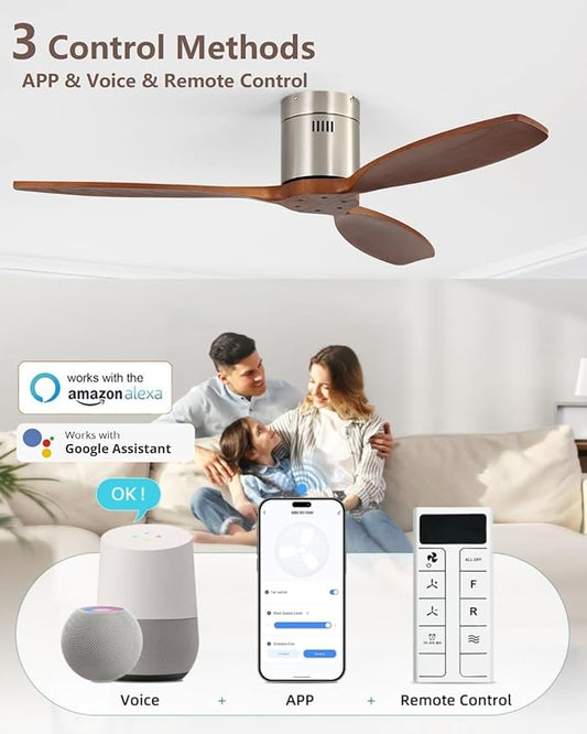 Sofucor 52 Inch Smart Ceiling Fan Without Light Flush Mount Solid Wood Ceiling Fan with Alexa/Google/APP/Remote Control-Modern Outdoor Ceiling Fans No Light for Bedroom/Patio/Indoor, Silver & Brown