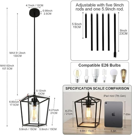 Black Pendant Lights Kitchen Island, 1-Light Farmhouse Kitchen Pendant Lighting Over Island, Metal Cage Island Hanging Lights for Kitchen, Dining Room, Entryway, Hallway, Foyer