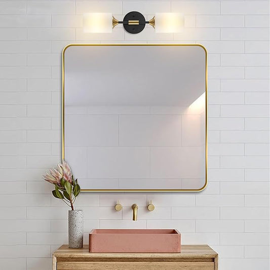 BYOLIIMA Industrial Mid Century Wall Sconce 2-Lights with White Cylinder Glass Shades Modern Bathroom Vanity Wall Lamp Matte Black and Gold Brushed Brass Finished Wall Light Fixture