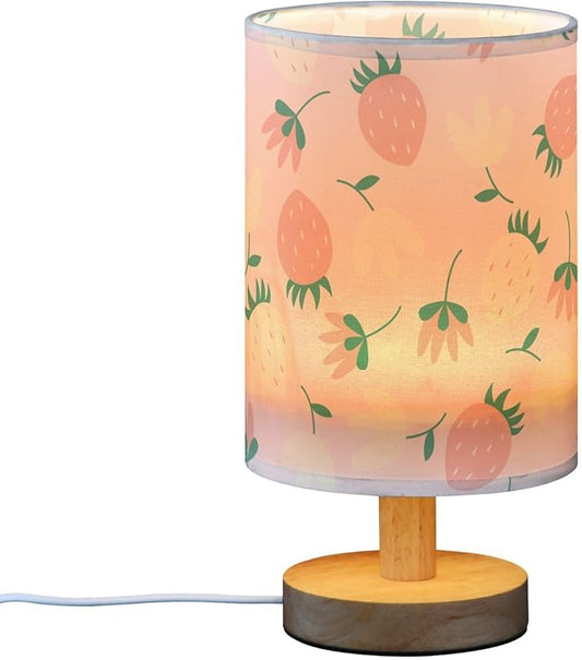 Bedside Table Lamp Cute Strawberry Floral Nightstand Lamp with Wood Fruits Flower Pink Desk Lamps for Bedroom Living Room Nursery Office Home Decor