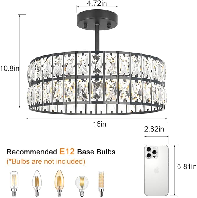 Lxybcce Crystal Ceiling Light Fixture, Modern Matte Black Ceiling Light Chandelier, Semi Flush Mount Chandelier Lighting Fixture for Kitchen Entryway Living Room Dining Room, 5-Light, 16 Inch
