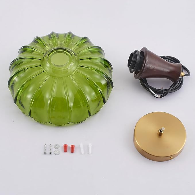 YLONG-ZS Glass Pendant Light,Pendant Lights Kitchen Island,Modern Green Glass Flower Pendant Light, Walnut Wood Vintage Kitchen Hanging Lights for Kitchen Island Dining Room Living Room Bedroom Hotel