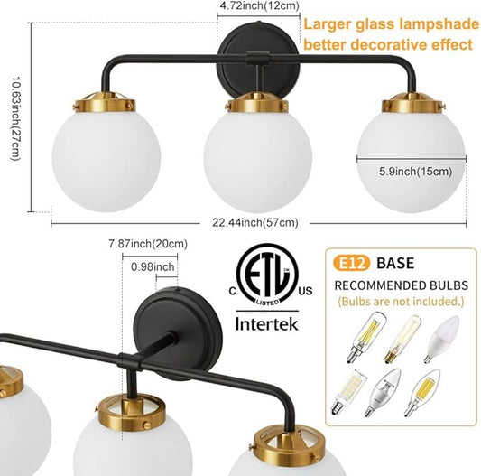 Black Gold Bathroom Light Fixtures Above Mirror, 22.4'' Modern Vanity Lighting with White Glass Globe Shade 3-Light Farmhouse Wall Sconce