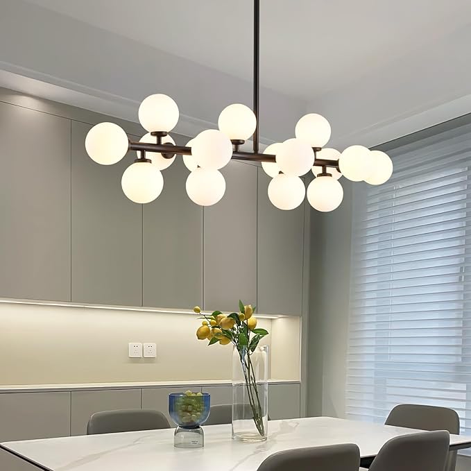 Modern Linear Chandeliers Black 16 Lights Pendant Light Fixtures Bubble Glass Chandelier Mid Century Sputnik Chandelier for Kitchen Island Dining Room