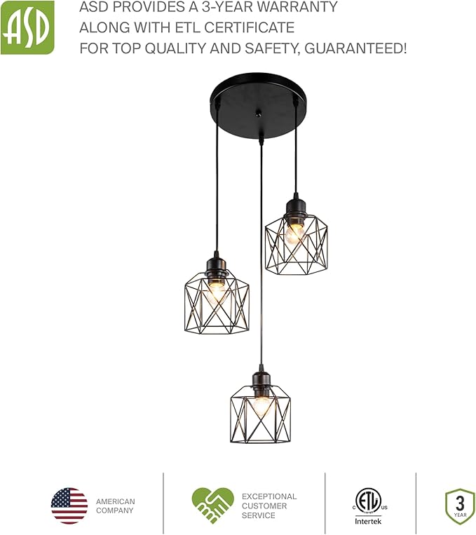 ASD Black Pendant Light Fixture - 3xE26 120V ETL Modern Pendant Lights Kitchen Island, Industrial Hallway, Living Room, Kitchen Island Lighting, Hanging Dining Room Light Fixtures Over Table