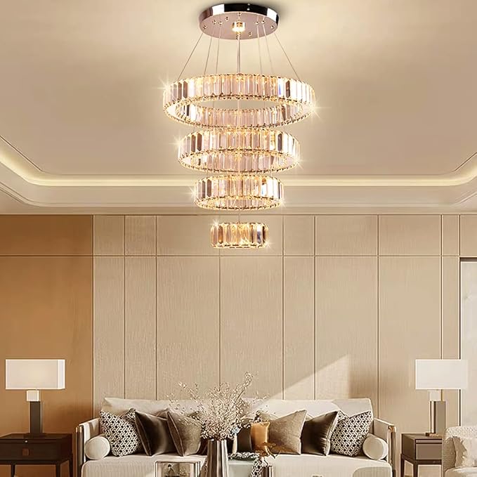 Modern Crystal Chandelier 4 Rings LED Pendant Light Adjustable High Chandeliers Ceiling Light for Bedroom Living Room Dining Room Warm White