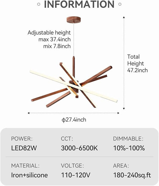 Modern Sputnik Chandelier Ceiling LED Black Pendant Light Embedded Mount Chandeliers Dining Room Light Fixtures Over Table Dimmable with Remote Control for Living Room Kitchen Bedroom (Wood Color)