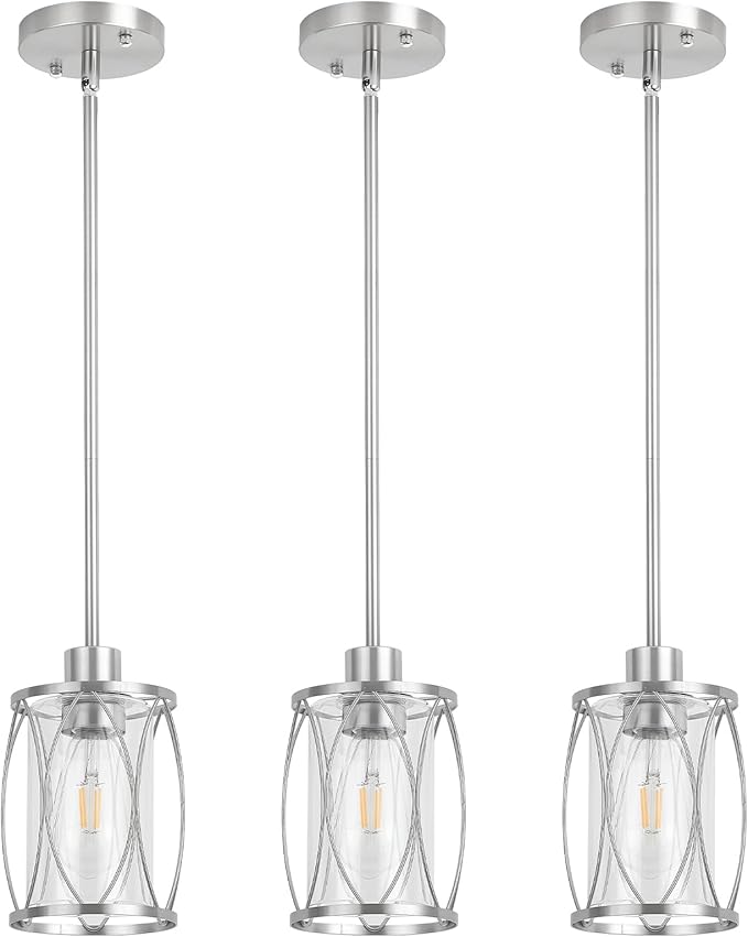 Glass Pendant Lights Kitchen Island Brushed Nickel Pendant Light Fixtures Adjustable Farmhouse Mini Hanging Light with Clear Glass for Sink Dining Room Foyer Entryway Bar, 3 Pack