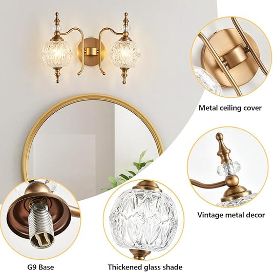 2-Light Vintage Crystal Bathroom Wall Sconces, Matte Brushed Antique Brass Finish Retro Wall Sconce Light with Crystal Glass Shade for Bathroom