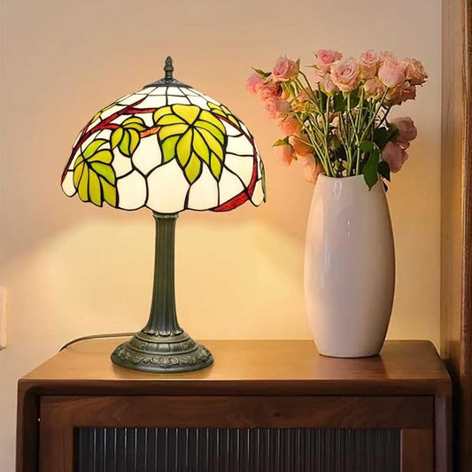 Tiffany Style Table lamp with Green Leaf Stained Glass lamp 12 Inch Retro Bronze Base Bedside Lamp Bedroom,Living Room, Bar, Restaurant Hotel French Countryside Style Decorative Ambient Light