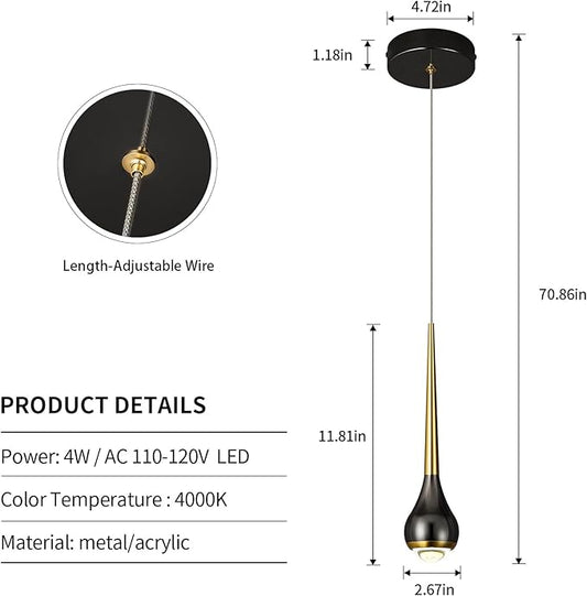 Modern LED Dimmable Pendant Light fixtures,Mini Black Gold Pendant Lighting for Kitchen Island Dinning Room,Bedroom,Bar, Kitchen Island Ceiling Hanging Light Fixtures(2-Pack)