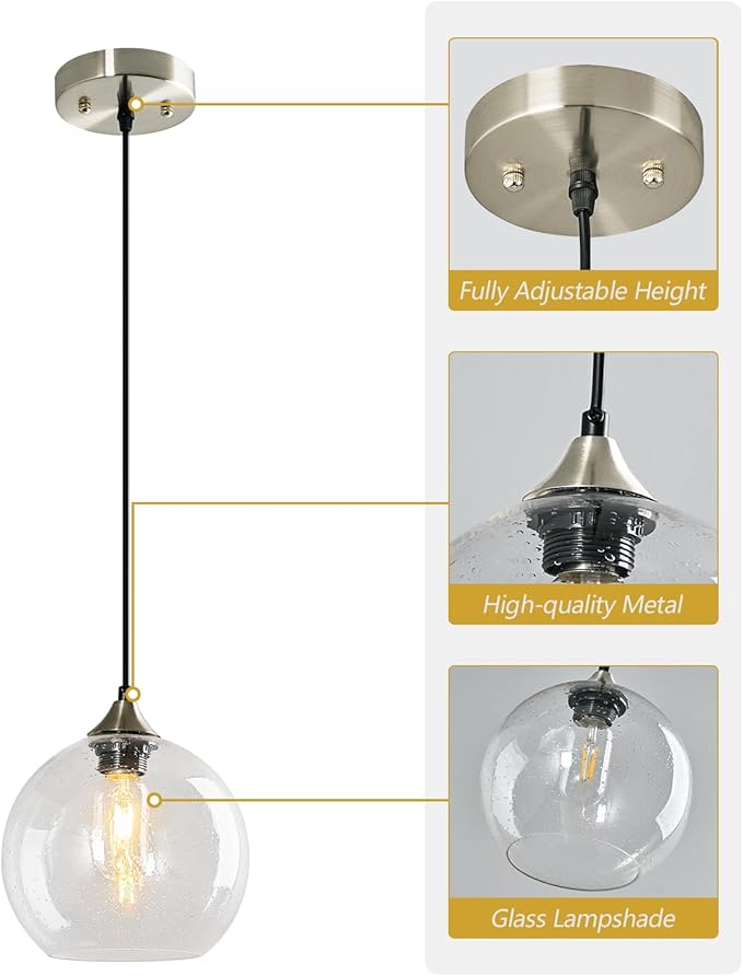 Clear Glass Pendant Lights Kitchen Island Lighting Globe Pendant Light Fixtures Modern Pendant Lighting for Kitchen Island Bedroom Living Dining Room Light Fixture(7.87in, 1-Pack)