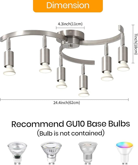6 Light Track Lighting Fixtures Ceiling, Flexibly Rotatable Light Heads, Nickel Semi Flush Mount Ceiling Light for Kitchen Dining Room Living Room.Gu10 Bulb Base.