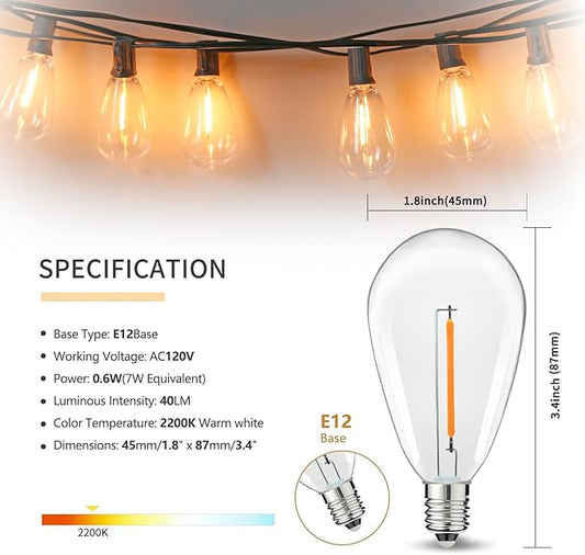 S14 Replacement LED Light Bulbs, Shatterproof & Waterproof 0.6W S14 LED Bulbs, Outdoor String Lights, E12 Base Patio Edison LED Light Bulbs, Warm White 2200K Plastic 40LM Non-Dimmable 50 Pack