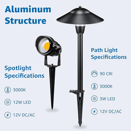 SUNVIE LED Landscape Lighting Kit Low Voltage Landscape Lights with Transformer Low Voltage Pathway Lights Aluminum Landscape Spotlights Path Lights with Connectors for Yard House Garden Tree