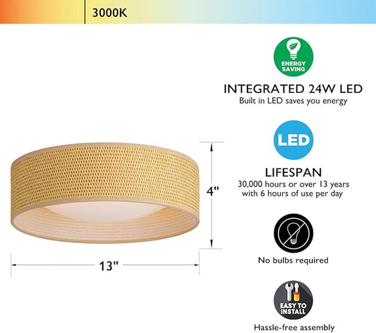 CALOKES 13" Woven Rattan-Style Boho Flush Mount Ceiling Light, LED 24W 3000K Closed to Ceiling Light Fixture with Classic Linen Drum Design for Bedrooms, Kitchen, Dining Room, Hallway