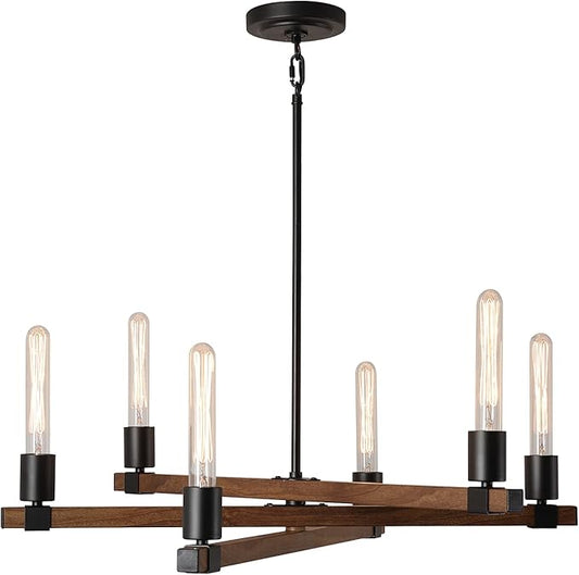 GLOBE Electric 60546 Walken 6-Light Chandelier, Matte Black, Faux Wood Accents, Bulb Not Included