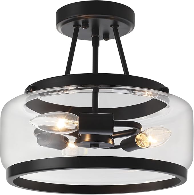 11.81" Black Semi Flush Mount Ceiling Light Fixture Modern Glass Kitchen Lighting Fixtures Ceiling Lights 3-Light Hallway Light Fixtures Drum Entryway Chandelier for Bedroom Foyer Laundry Dining Room