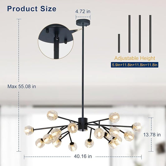 Depuley Modern Black Sputnik Chandelier: 18-Light Large Crystal Glass Chandelier for Living Room - Kitchen Island Light Fixture Mid Century Hanging Lamp for Dining Room (Included G9 Bulbs)