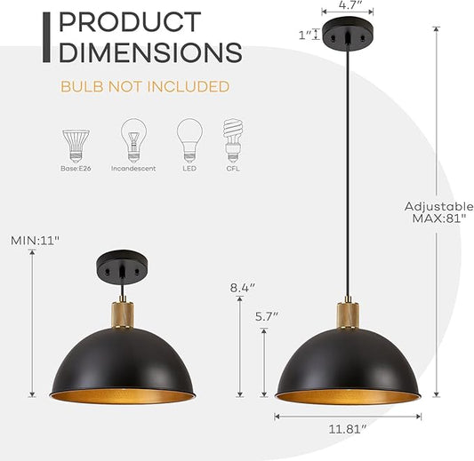 12 Inch Black Dome Pendant Lights 2 Pack for Kitchen Island, Height Adjustable Farmhouse Industrial Hanging Light Fixtures Over Table for Dining Room, Entryway