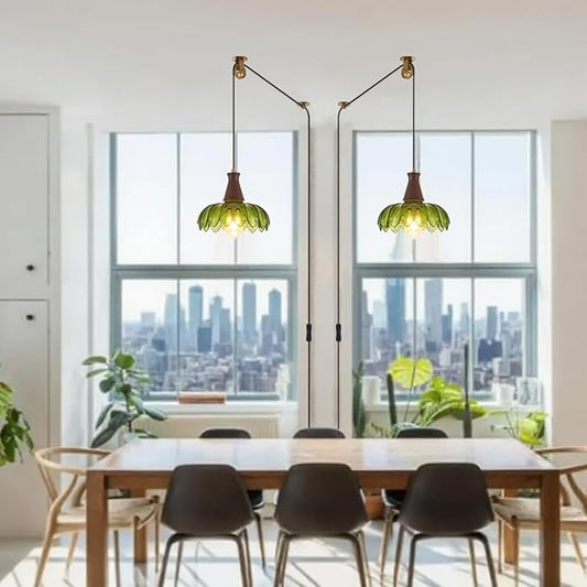 YLONG-ZS Plug-in Pendant Light, Vintage Green Glass Swag Hanging Lamp, Adjustable Pulley Cord, Walnut Stained Solid Wood Base, Mid Century Farmhouse Fixture, No Hardwiring for Kitchen, Dining, Bedroom
