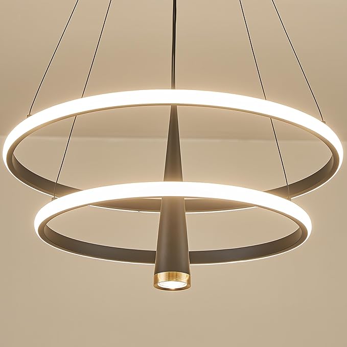 ORANOOR Modern LED Chandelier, Dimmable 20in Black Kitchen Pendant Light Fixture Dining Room Lights Ceiling Hanging, 2 Ring Round Chandeliers for Bedroom Living Room Staircase Over Table (3360lm)