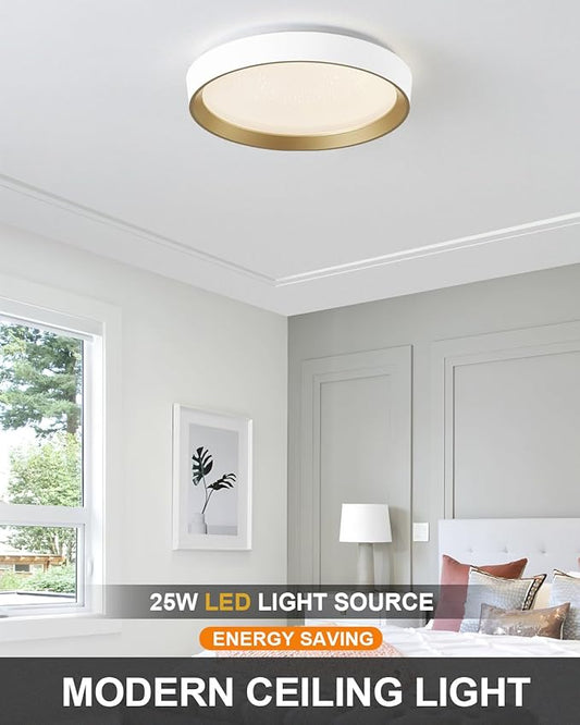 ANYLOVE 10 Inch Modern Flush Mount Ceiling Lights,White Gold Plastic Round Ceiling Light,Dimmable 3000K,3500K,4000K,5000K,6000K,for Living Room,Dining Room,Bedroom,Kitchen (White and Gold, 10 Inch)