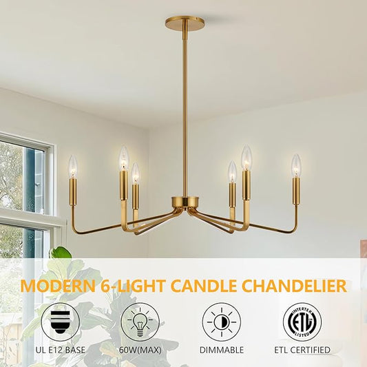 Brushed Gold Chandeliers for Dining Room, 6-Light Modern Farmhouse Chandelier, Brass Candle Style Hanging Light Fixture for Living Room Bedroom Kitchen Island
