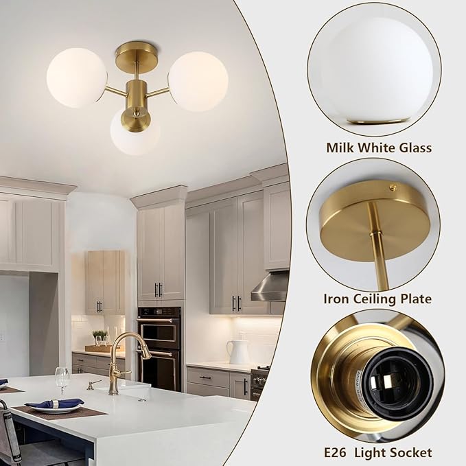 3 Lights Semi Flush Mount Ceiling Light Mid Century Modern Brass Ceiling Light Milk Glass Sputnik Small Chandelier for Bedroom Dinning Room Foyer Hallway