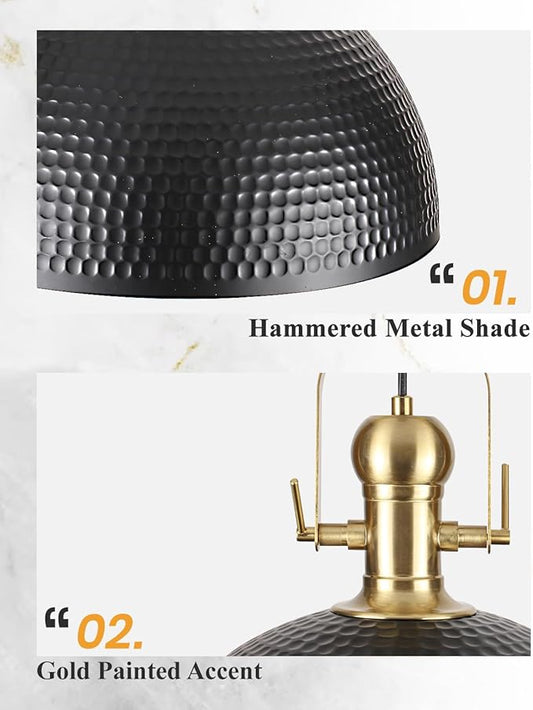 15.7 Inch Black Pendant Light 2 Pack, Hammered Industrial Pendant Lights,Adjustable Height, Large Dome Pendant Light Fixtures for Kitchen, Dining Room, Bedroom,Bar
