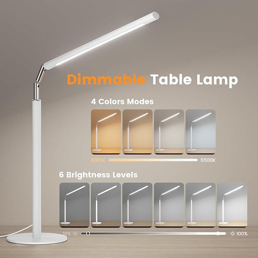 SIBRILLE White LED Desk Lamp, 16" Dimmable Metal Desk Light with Base, 15W 1200LM, Adapter Included, Color & Brightness Adjustable, Modern Tall Table Lamp for Home Office Reading Study Task Laptop